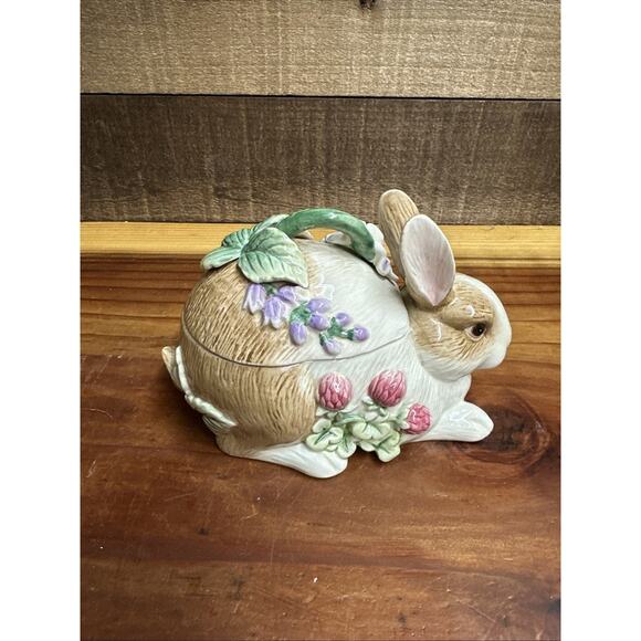 Fitz and Floyd Bunny Floral Botanical Trinket Box Candy Dish - Picture 3 of 7